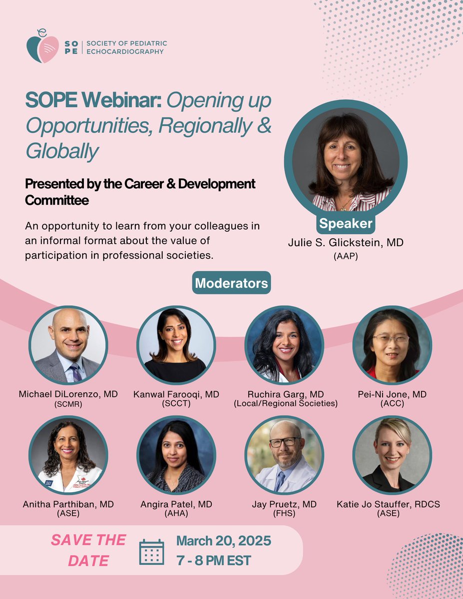 SOCIETY OF PEDIATRIC ECHOCARDIOGRAPHY (@sopedsecho) on Twitter photo SOPE Career & Development Committee hosts “Opening up Opportunities, Regionally & Globally” with Dr. Julie Glickstein <a href="/KidsAtColumbia/">Columbia Children's Health</a>, moderated by societal members.
🗓️: Thursday, March 20, 2025
⏰: 7-8 PM EST
Free to join. Register below.
tinyurl.com/Global-Opportu… SOPE Career & Development Committee hosts “Opening up Opportunities, Regionally & Globally” with Dr. Julie Glickstein <a href="/KidsAtColumbia/">Columbia Children's Health</a>, moderated by societal members.
🗓️: Thursday, March 20, 2025
⏰: 7-8 PM EST
Free to join. Register below.
tinyurl.com/Global-Opportu…