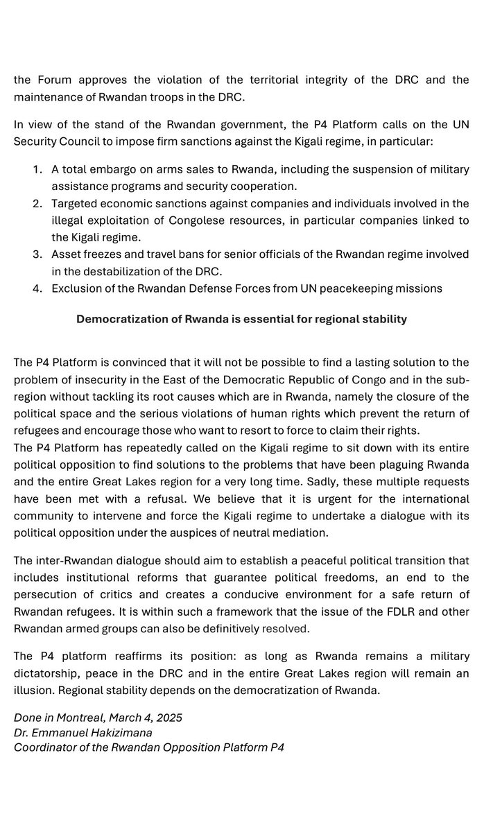 PRESS RELEASE:
The Rwandan Opposition Platform (P4) welcomes UN Security Council Resolution 2773 but notes its violation by Rwanda.
In view of the stand of the Rwandan government, the P4 Platform calls on the UN Security Council to impose firm sanctions against the Kigali regime.