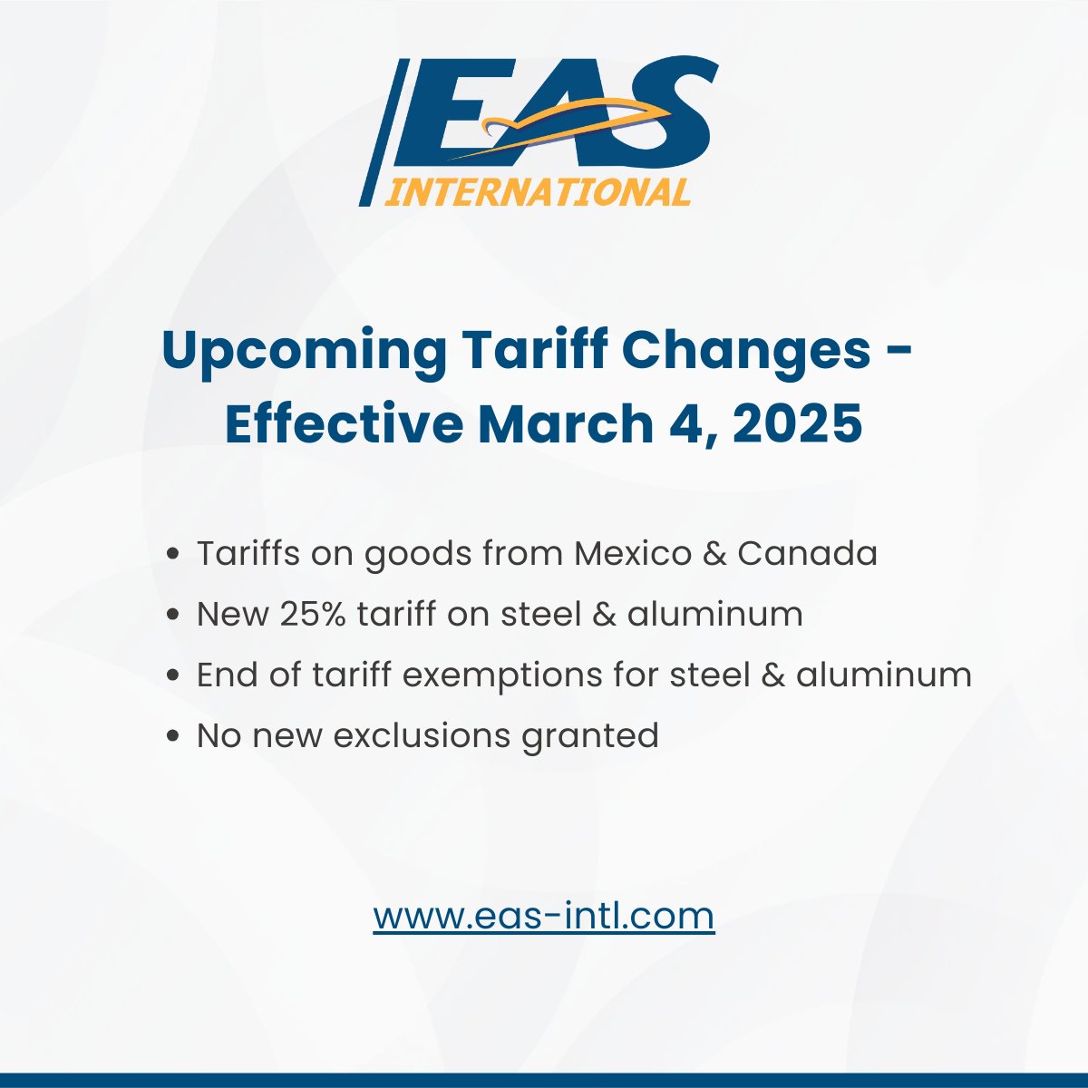 EASNorthAmerica's tweet image. Big changes are coming on March 4, 2025! These tariff adjustments could impact global trade and increase costs for businesses importing goods from Mexico and Canada. Stay informed and adjust your logistics strategies now. 📦💡 #GlobalTrade #TariffChanges #SupplyChain #Logistics