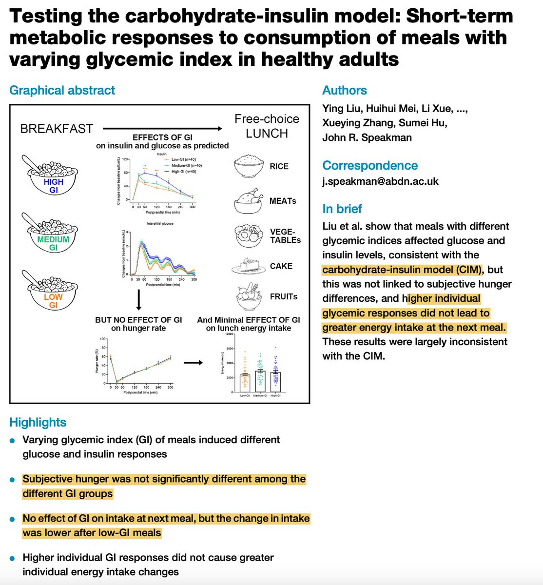 Questioning the dogma that high glycemic foods leads to hunger and increased intake. A randomized trial of different glycemic index consumption cell.com/cell-metabolis…