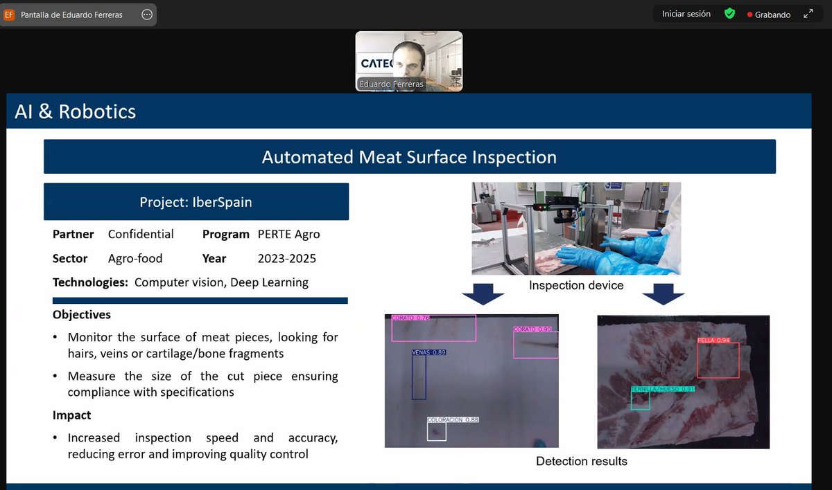 CATECTechCenter's tweet image. 🍅Eduardo Ferrera, del área #IA y Robótica, ha compartido nuestra experiencia en la aplicación en el sector #agrofood de tecnologías desarrolladas en nuestro centro con IA y robots, como ocurre con los proyectos #Hypervision e #IberSpain para la industria cárnica. ¡Gracias 👌!