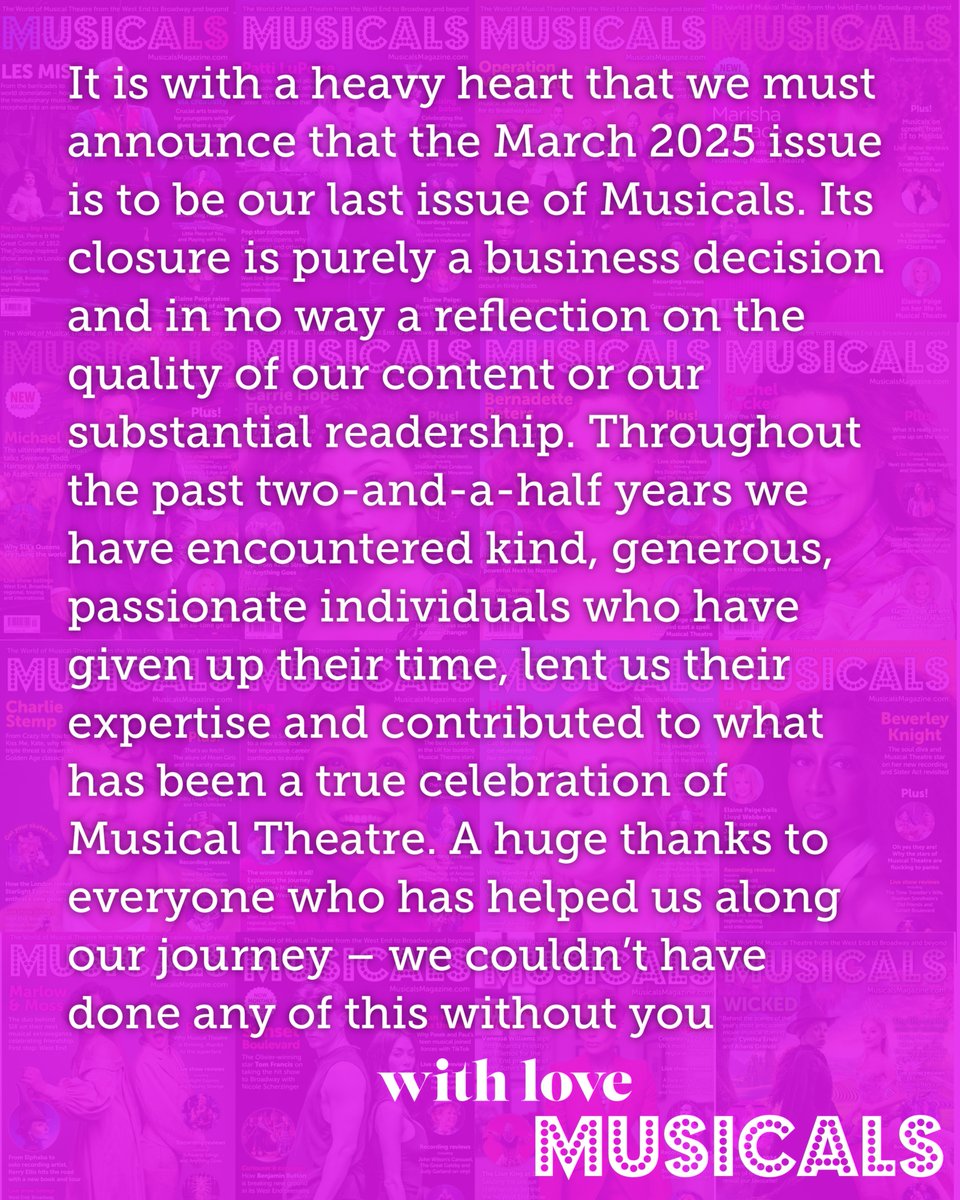 Musicals magazine (@musicalsmag) on Twitter photo Thank you to all of those that shared this journey with us!
Our final issue, March 2025 is on sale now in shops (see link in bio for location finder) and on our website.
For any subscription queries, please contact subscriptions@markallengroup.com Thank you to all of those that shared this journey with us!
Our final issue, March 2025 is on sale now in shops (see link in bio for location finder) and on our website.
For any subscription queries, please contact subscriptions@markallengroup.com