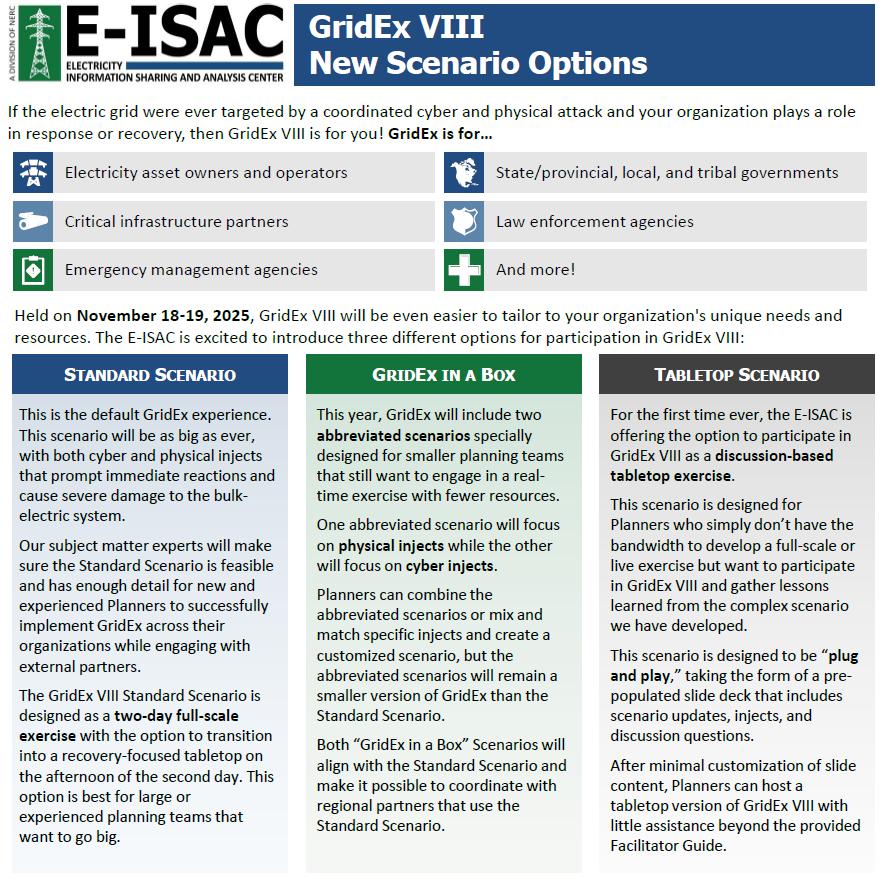 NERC_Official's tweet photo. Interested in joining #GridEx this November 18-19 but don’t know where to start? GridEx VIII is now more accessible than ever! Discover the new participation options below. #Register and learn more here: https://t.co/uK83uixemK https://t.co/oJVvv4I0HS