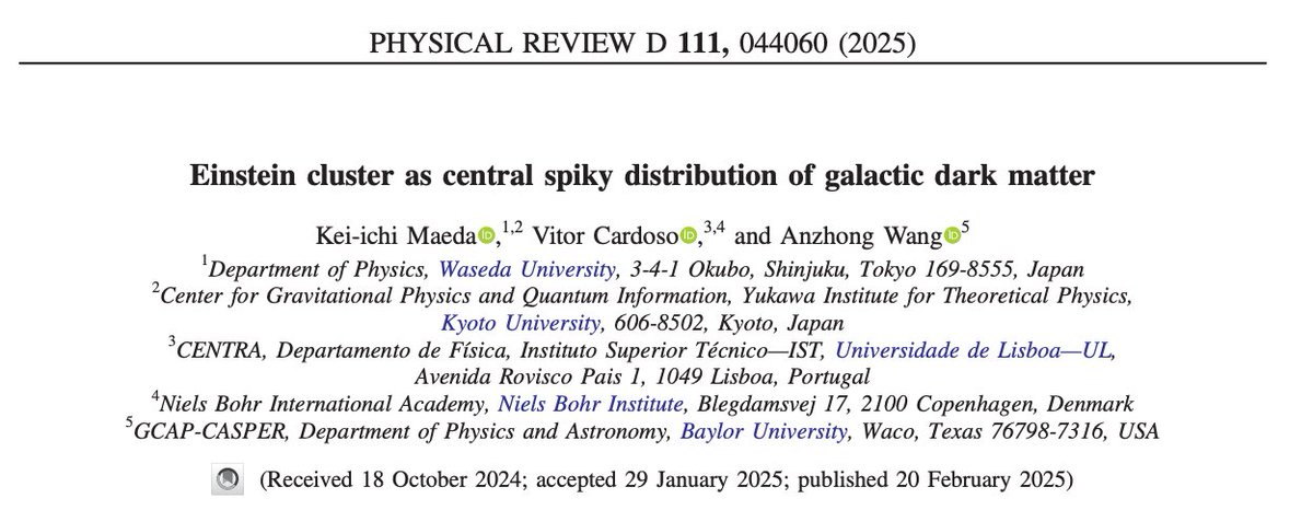 🌌 CENTRA Research News! 🌌

Vitor Cardoso <a href="/istecnico/">Instituto Superior Técnico</a> co-authored a study in <a href="/PhysRevD/">Physical Review D</a> <a href="/APSphysics/">American Physical Society</a> on how dark matter forms spiky structures around black holes, impacting orbits and gravitational waves.

#Astrophysics #Physics #Science #BlackHoles

🔗journals.aps.org/prd/abstract/1…
