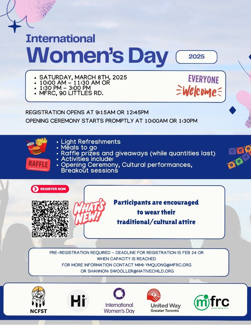 Native Child & Family Services of Toronto (@ncfst) on Twitter photo We are looking forward to celebrating International Women's Day on Saturday, March 8, at the Malvern Family Resource Centre (90 Littles Road, Scarborough ON).
This collaborative event was made possible by our friends at <a href="/malvernfrc/">Malvernfrc</a> <a href="/wearehumaniti/">Humaniti</a> and <a href="/uwgreaterto/">United Way Greater Toronto</a> We are looking forward to celebrating International Women's Day on Saturday, March 8, at the Malvern Family Resource Centre (90 Littles Road, Scarborough ON).
This collaborative event was made possible by our friends at <a href="/malvernfrc/">Malvernfrc</a> <a href="/wearehumaniti/">Humaniti</a> and <a href="/uwgreaterto/">United Way Greater Toronto</a>