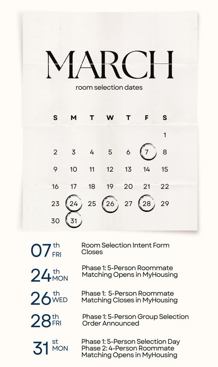 Room Selections dates for March. For more information or questions please reach us at cua-housing@cua.edu , 202-319-5615