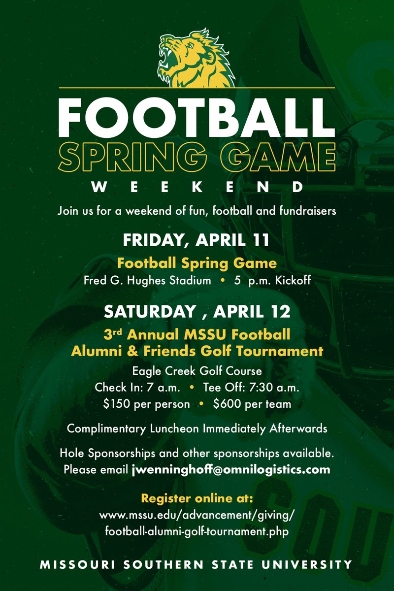 Missouri Southern Football (@mosofootball) on Twitter photo 🏈 Don’t miss the Football Spring Game and 3rd Annual Football Alumni & Friends Golf Tournament! ⛳️
🔗 Register TODAY: loom.ly/wJclz2c
And don't forget -- sponsorship opportunities are available!
For more information contact John at jwenninghoff@omnilogistics.com. 🏈 Don’t miss the Football Spring Game and 3rd Annual Football Alumni & Friends Golf Tournament! ⛳️
🔗 Register TODAY: loom.ly/wJclz2c
And don't forget -- sponsorship opportunities are available!
For more information contact John at jwenninghoff@omnilogistics.com.
