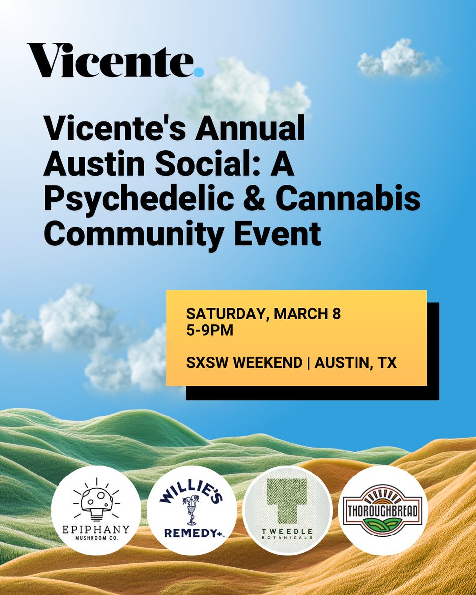 Vicente LLP (@vicentellp) on Twitter photo Vicente's Austin Social is happening this Saturday during #SXSW weekend! Register today to support plant medicine research and connect with the community👉VicenteSXSW2025Party.eventbrite.com
Thanks to our sponsors Epiphany Mushroom, <a href="/WilliesReserve/">Willie's Reserve</a>, Tweedle Botanicals and ThoroughBread. Vicente's Austin Social is happening this Saturday during #SXSW weekend! Register today to support plant medicine research and connect with the community👉VicenteSXSW2025Party.eventbrite.com
Thanks to our sponsors Epiphany Mushroom, <a href="/WilliesReserve/">Willie's Reserve</a>, Tweedle Botanicals and ThoroughBread.