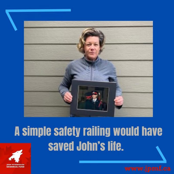 jpmf's tweet photo. Safety railings at workplaces prevent fall injuries.
Calgary police officer Constable Petropoulos lost his life due to a fall at an #unsafeworkplace.
He entered a building to investigate a B & E. A required safety railing was missing at the building he entered. He died. https://t.co/mPgxGpdUrd