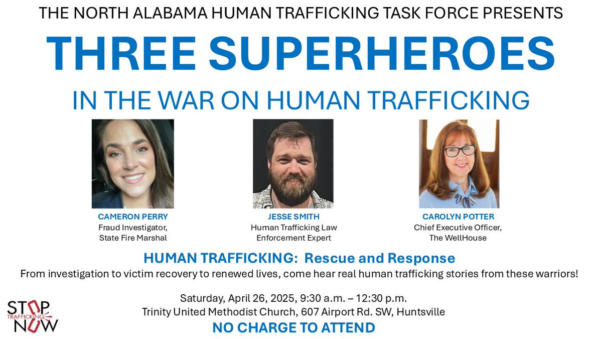 Human Trafficking: Investigation, Recovery, and Renewal is the reschedule of our January event that was canceled because of winter weather. Trinity UMC in Huntsville, Sat, Apr 26, 9:30 am. See you there!

facebook.com/events/5052449…