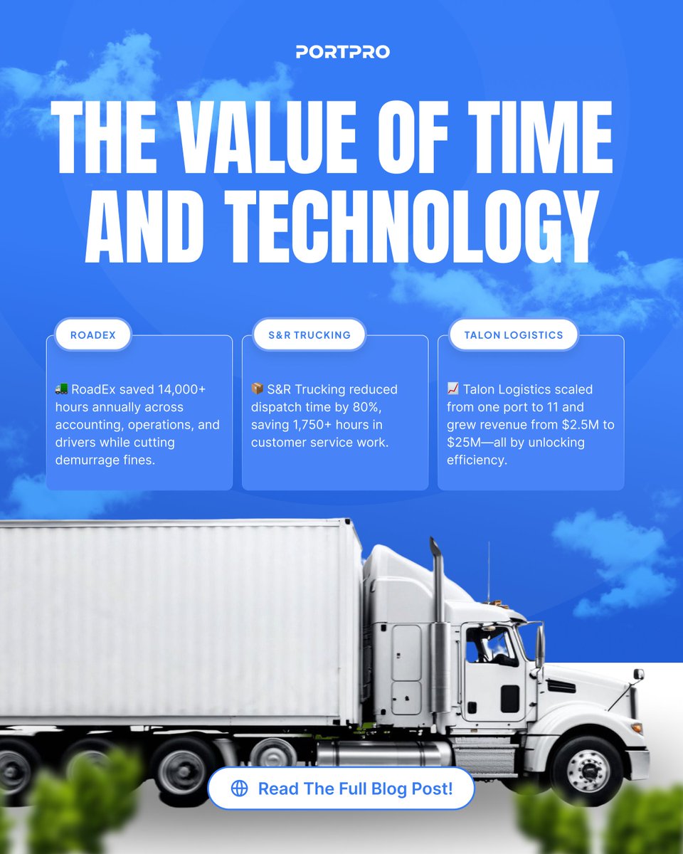 PortProtms's tweet image. Time: The Hidden Currency of Success in Drayage Trucking
At PortPro, we know that in drayage, time is everything. Every extra minute spent on manual processes, tracking shipments, or handling paperwork is a minute that could be used to grow your business, improve customer…