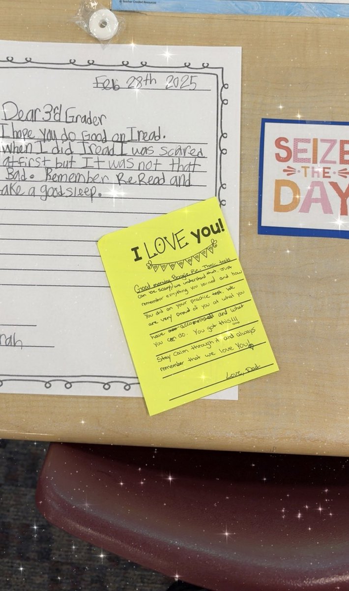 CISJalaina's tweet image. Today started the first day of testing @DELCBlue for our amazing 3rd graders. I found these notes of encouragement laying on their desks this morning. The first one is an older brother encouraging his 3rd grade brother and the other one is from a dad to his sweet daughter.