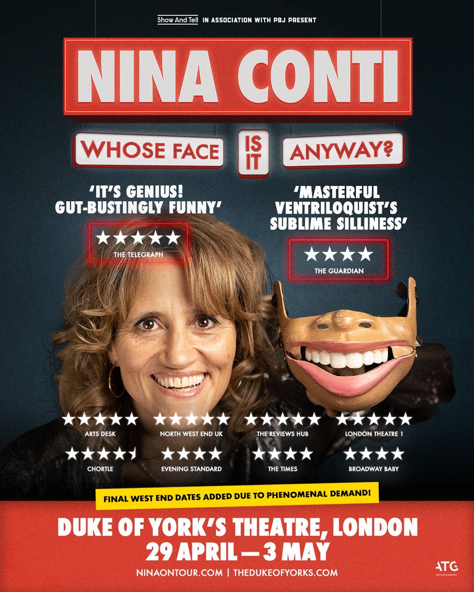 KPPR (@kpprtweets) on Twitter photo 🚨WEST END NEWS🚨
<a href="/ninaconti/">Nina Conti🪼</a> has announced a week of West End shows at The Duke Of York's Theatre this Spring!
The shows will run from Tuesday 29th April - Saturday 3rd May, tickets available now from ninaontour.com. 🎟️
<a href="/Show_And_Tell/">Show And Tell</a> <a href="/pbjmanagement/">PBJ Management</a> <a href="/dukeofyorksLDN/">Duke of York's Theatre</a> 🚨WEST END NEWS🚨
<a href="/ninaconti/">Nina Conti🪼</a> has announced a week of West End shows at The Duke Of York's Theatre this Spring!
The shows will run from Tuesday 29th April - Saturday 3rd May, tickets available now from ninaontour.com. 🎟️
<a href="/Show_And_Tell/">Show And Tell</a> <a href="/pbjmanagement/">PBJ Management</a> <a href="/dukeofyorksLDN/">Duke of York's Theatre</a>