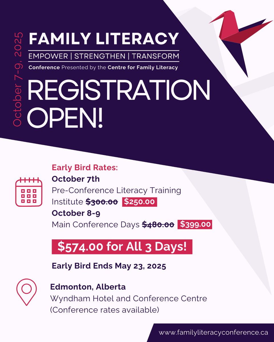 Early Bird Registration is Now Open for our Family Literacy Conference, happening October 7-9, 2025. 

Don’t miss out—spaces are limited, and prices go up after May 23!

📷 familyliteracyconference.ca