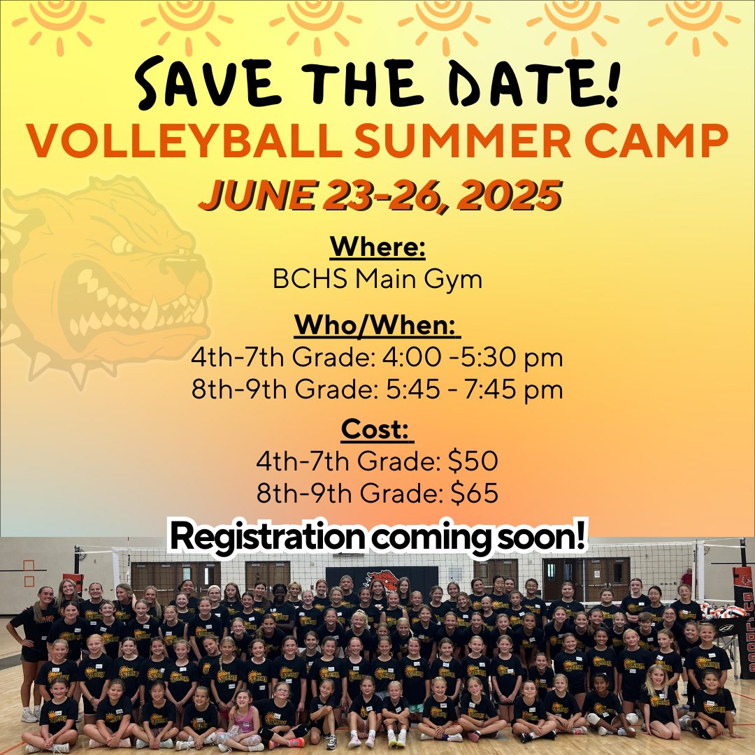 SAVE THE DATE! 🏐 Summer Volleyball Camp registration coming soon!☀️ #BCVB #GoBulldogs