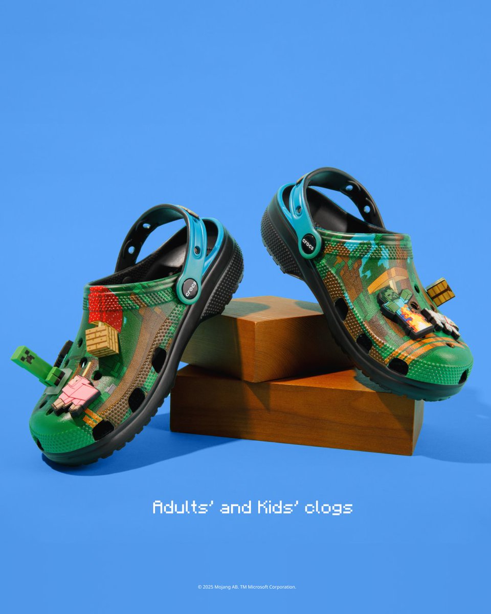 the Minecraft Classic Clog is pixel perfect, with an exclusive allover print and Jibbitz™ charms. add a pair to your inventory. available now at Journeys.

#crocs #journeysshoes