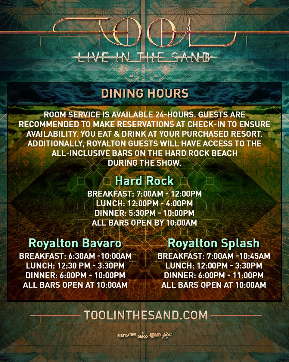 toolinthesand's tweet image. Are you ready to rock the beach? 🌴 The Tool Live in the Sand arrival guide is here! Familiarize yourself with important information regarding airport shuttles, customer service, dining hours & more!
All info can be found at: toolinthesand.com/onsite
