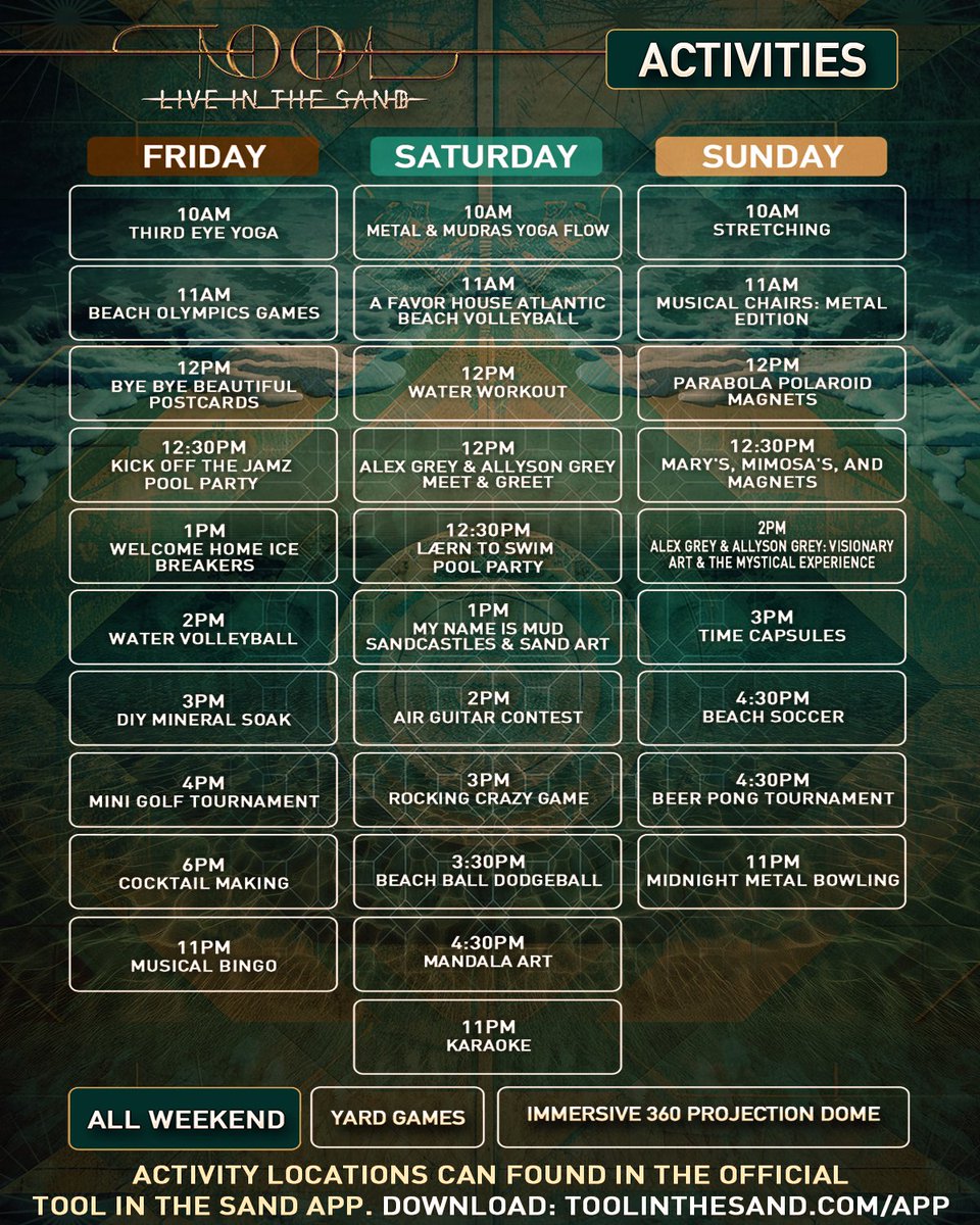 toolinthesand's tweet image. Are you ready to rock the beach? 🌴 The Tool Live in the Sand arrival guide is here! Familiarize yourself with important information regarding airport shuttles, customer service, dining hours & more!
All info can be found at: toolinthesand.com/onsite