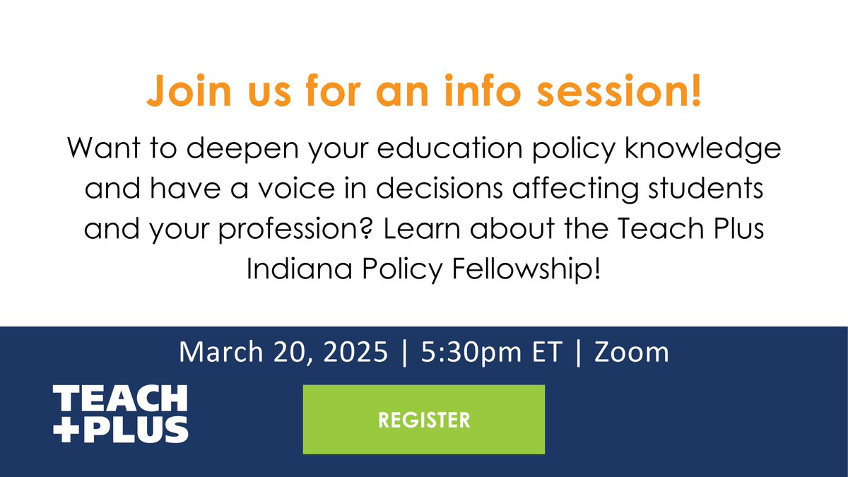 Teach Plus is seeking outstanding Pre-K–12 educators for the Indiana Policy Fellowship! Want to make a bigger impact on the teaching profession and drive positive change for students? Register for our info session tomorrow to learn more! tinyurl.com/3hc5dnkj