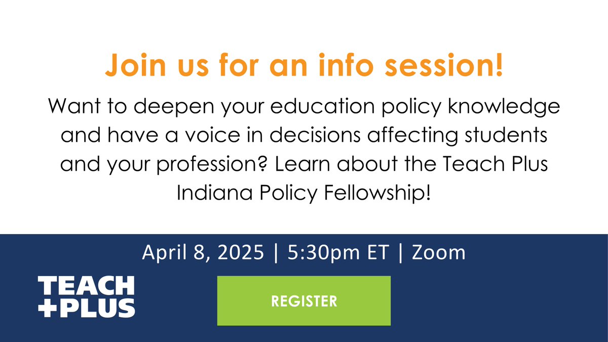 Teach Plus is seeking outstanding Pre-K–12 educators for the Indiana Policy Fellowship! Want to make a bigger impact on the teaching profession and drive positive change for students? RSVP for our info session April 8 to learn more! tinyurl.com/3cm5pyms