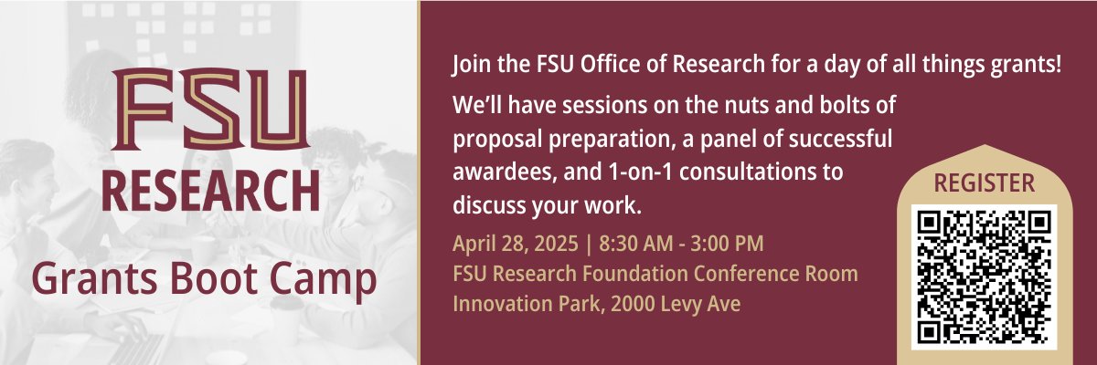 The Office of Research Grants Boot Camp will cover the details to craft a successful proposal, including perspectives from successful awardees across the career spectrum, and the opportunity for 1-on-1 consultations.

Register here ➡️ research.fsu.edu/research-offic…