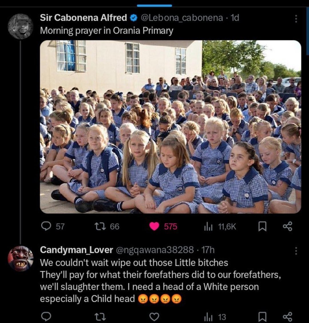 If this now was reverse the world will be going in to WW3. How can I feel safe in my own country. Genoeg is genoeg. 
<a href="/POTUS/">President Donald J. Trump</a> <a href="/elonmusk/">Elon Musk</a> <a href="/Our_DA/">Democratic Alliance</a> <a href="/MYANC/">ANC - African National Congress</a> <a href="/VFPlus/">VRYHEIDSFRONT PLUS</a>