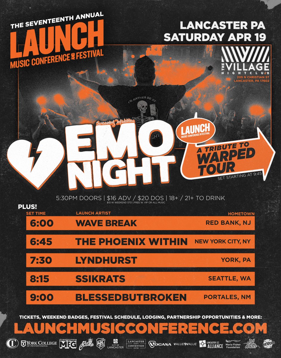 We're stoked to announce that we're coming back to Launch this April with <a href="/Ssikrats/">ʕ•̫͡•ʔ•̫͡•✞</a>, <a href="/BLESSEDBUTBROKN/">BLESSEDBUTBROKEN</a>, <a href="/wavebreakband/">Wave Break ❤️‍🔥</a>,  and <a href="/thephoenixwithi/">The Phoenix Within</a>, plus a super fun warped tour tribute set from Screaming Infidelities Emo Night! Let's show these folks how we do it in PA. 💜🌸