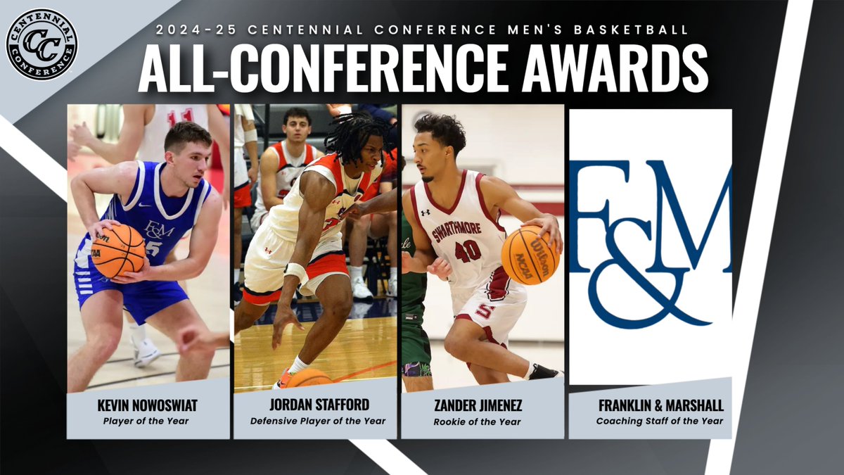 CentennialConf's tweet image. MBB | ALL-CENTENNIAL TEAM

PLAYER OTY: @fandmMBB Nowoswiat
DEFENSIVE POTY: @GburgMBB Stafford
ROOKIE OTY: @SwatMBasketball Jimenez
COACHING STAFF OTY: @fandmMBB 

📰 bit.ly/43tleNY

#CentConf #CCmbb #d3hoops #IgnitingGreatness