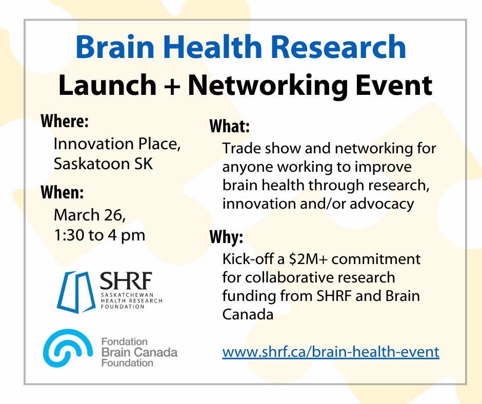 Saskatchewan Health Research Foundation - SHRF (@_shrf_) on Twitter photo Join SHRF and <a href="/BrainCanada/">Brain Canada</a> on March 26 together with researchers, practitioners and advocates working in areas of brain health to inspire collaborations ahead of the call for research funding applications in the fall.
More information and RSVP at: shrf.ca/brain-health-e… Join SHRF and <a href="/BrainCanada/">Brain Canada</a> on March 26 together with researchers, practitioners and advocates working in areas of brain health to inspire collaborations ahead of the call for research funding applications in the fall.
More information and RSVP at: shrf.ca/brain-health-e…