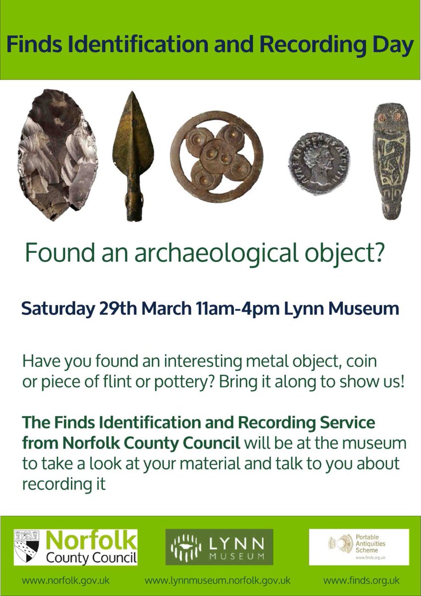 The Finds Team will be at <a href="/Lynn_Museum/">Lynn Museum</a>  on Saturday 29th March between 11am and 4pm to take a look at objects found by members of the public. 
Objects handed in at previous Finds Days at Lynn Museum  will be available to collect.
Please stagger attendance throughout the day.