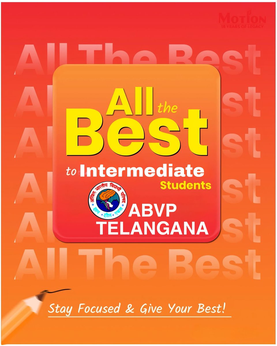 ABVPTelangana's tweet photo. Best of luck to all the Intermediate students for their exams.
Remember to stay confident and give it all in your exams.
#TsIntermediateExams https://t.co/m2BC6Ucz6Z