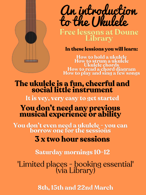 StirlingLibs's tweet photo. Join us at Doune Library for ‘An Introduction to the Ukulele’ 🎼🎸

These free lessons are on Saturday mornings, 10am-12pm (dates below) and are suitable for all age 8+

Places are limited so ask at the library or tel. 01786 841732 https://t.co/76isPNoxiZ