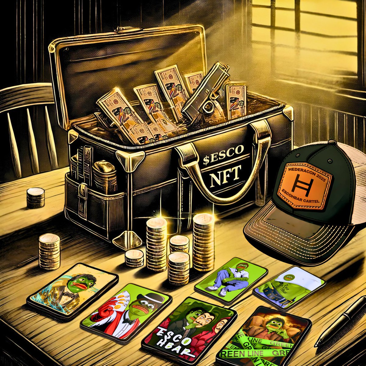 🐸👑 GM $ESCO-HBAR Familia! ☀️☕️

As the Frog Kingpin said, each loyal Soldado who secured all 6 Esco Empire Originals NFTs will be rewarded—in the cartel streets, one's word is worth more than a promise. 🤝🔒

💥 Now, time to collect your rewards, amigos:

1 x 🧢