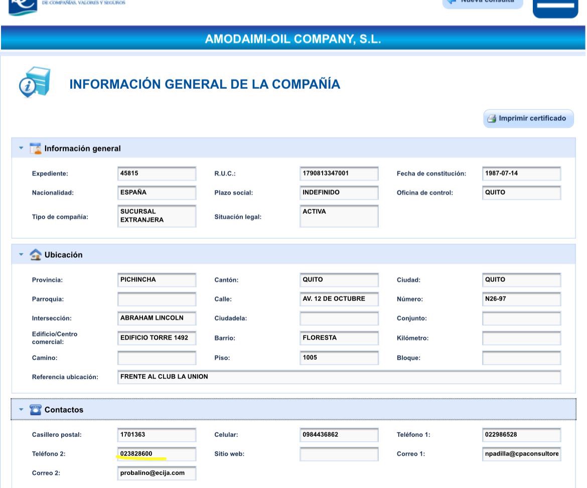 AlmaMiaEcu's tweet photo. TODO QUEDA EN FAMILIA.

Daniel Noboa todo lo direcciona a las empresas de su tía Isabel. 

El teléfono de contacto de @ElOrdeno registrado en la Superintendencia de Compañías es el mismo número registrado de la compañía AMODAIMI OIL COMPANY, adjudicataria del Campo Sacha. https://t.co/5UjT7eb4xq