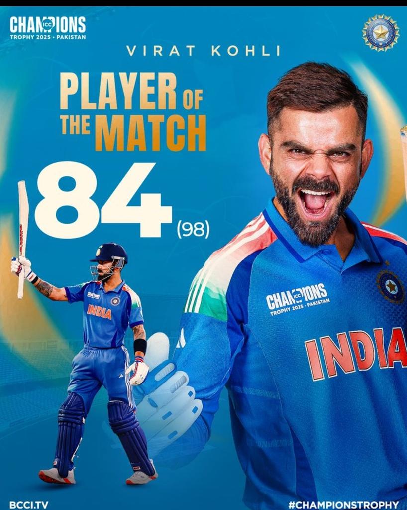 Manoj kumar jangir (@manojjangir7213) on Twitter photo For his 84(98) and guiding #TeamIndia in the chase, Virat Kohli is the Player of the Match 👏
#INDvAUS | #ChampionsTrophy For his 84(98) and guiding #TeamIndia in the chase, Virat Kohli is the Player of the Match 👏
#INDvAUS | #ChampionsTrophy