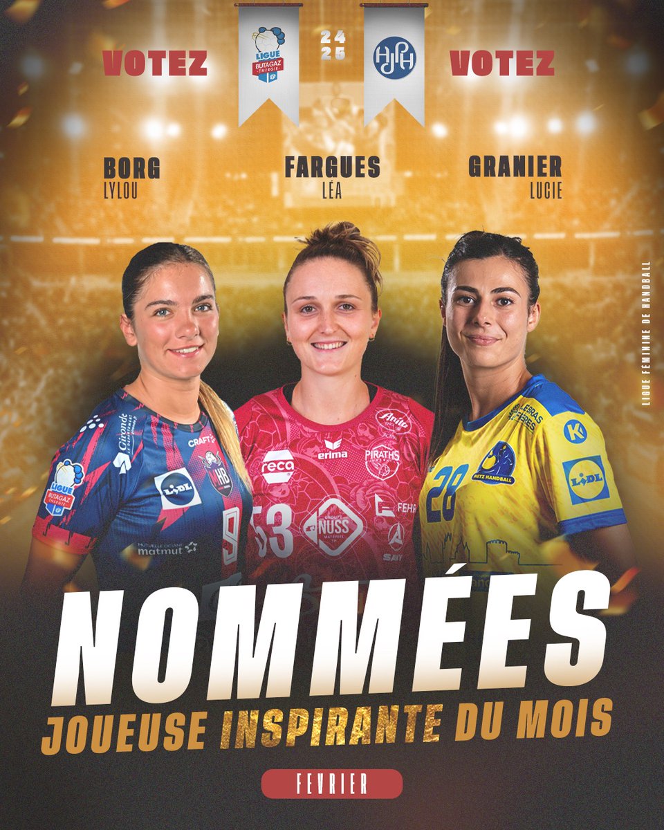 🙌 Découvrez les 3️⃣ nommées dans l'élection de la joueuse inspirante du mois de février en #LigueButagazEnergie ! 

👉 à vous de voter 🔗 ligue-feminine-handball.fr/a-vos-votes/

#inspirante