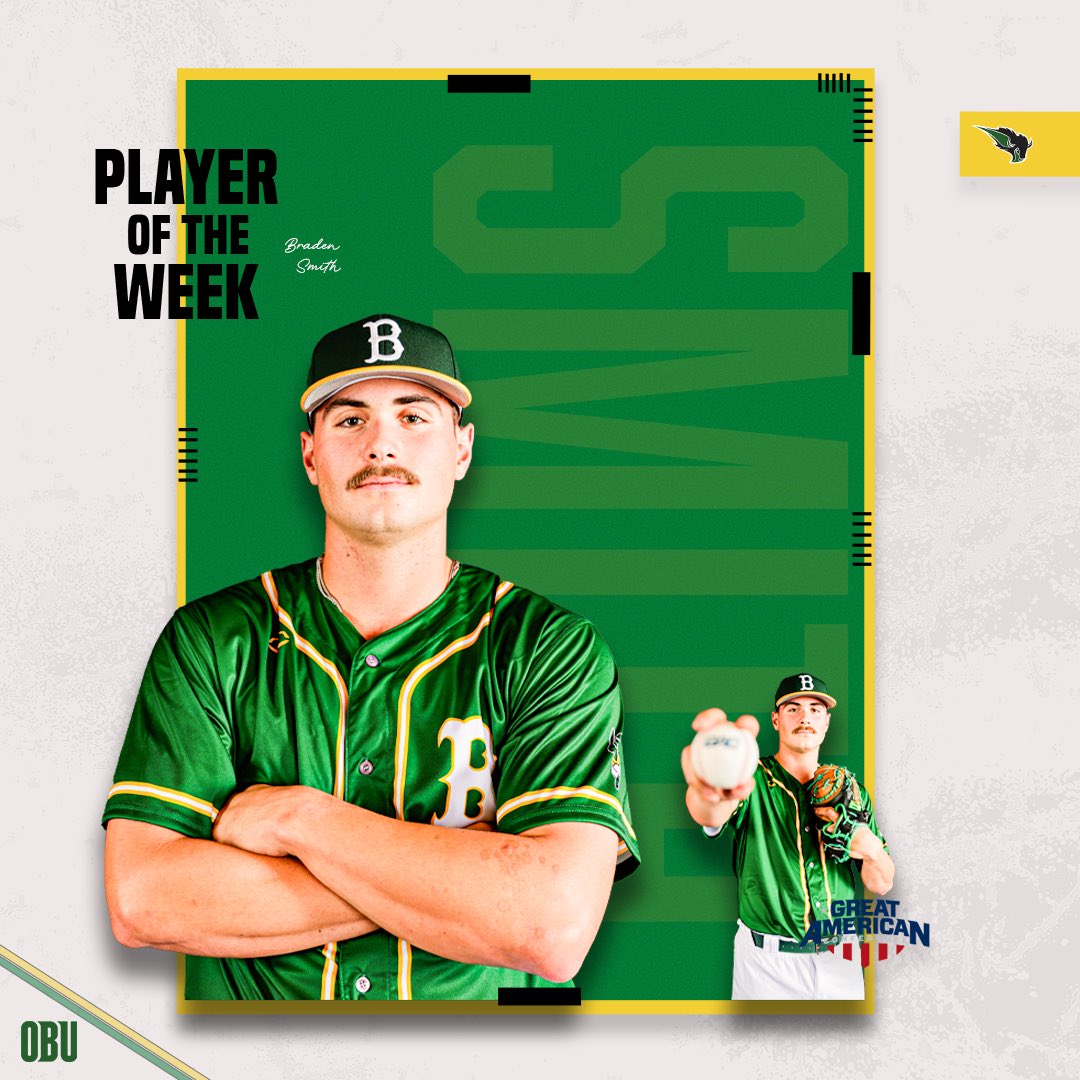 OBU Baseball (@obu_baseball) on Twitter photo Well deserved for the guy 🤝 This week’s GAC Player of the Week is <a href="/_bmsm1th_/">Braden Smith</a> 👏
-4 homers
-10 RBI
-19 total bases
-6-16 at the plate
- .375 BA
- .1.188 SLG %
- .412 OB %
- 1.000 FLD %
- 25 putouts Well deserved for the guy 🤝 This week’s GAC Player of the Week is <a href="/_bmsm1th_/">Braden Smith</a> 👏
-4 homers
-10 RBI
-19 total bases
-6-16 at the plate
- .375 BA
- .1.188 SLG %
- .412 OB %
- 1.000 FLD %
- 25 putouts