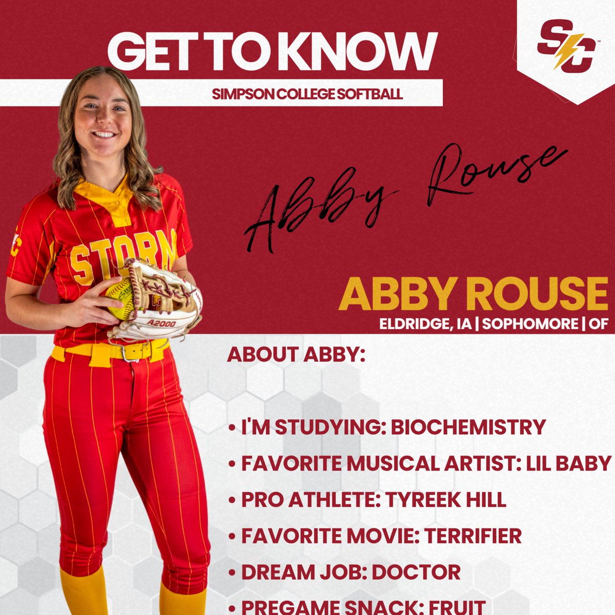 GET TO KNOW! Our sophomore outfielder, Abby Rouse! #RollStorm #G2G