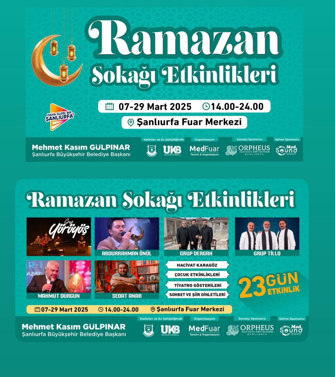 RAMAZAN SOKAĞI ETKİNLİKLERİ

📅 07-29 Mart 2025

🕰️ 14:00-24:00

📍 Şanlıurfa Fuar merkezi