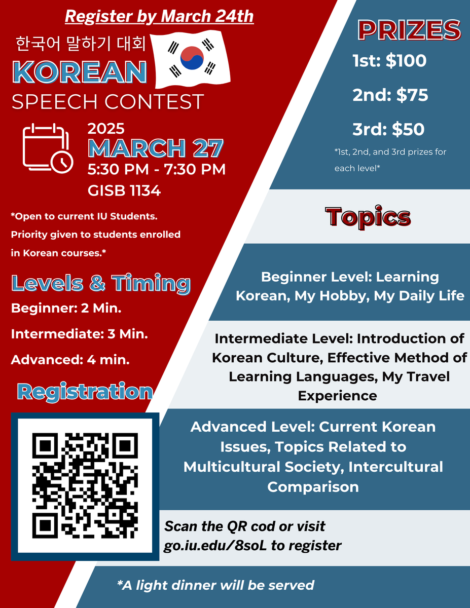 IKS_iu's tweet photo. Did you know that there are only 20 days left to register for our upcoming Korean Speech Contest? Registrations are open until March 24th, so make sure to register by scanning the QR code in the flyer or visiting https://t.co/0exnRvDbYI

The contest will be held March 27, at 5:30 https://t.co/wVGI8CXNAJ