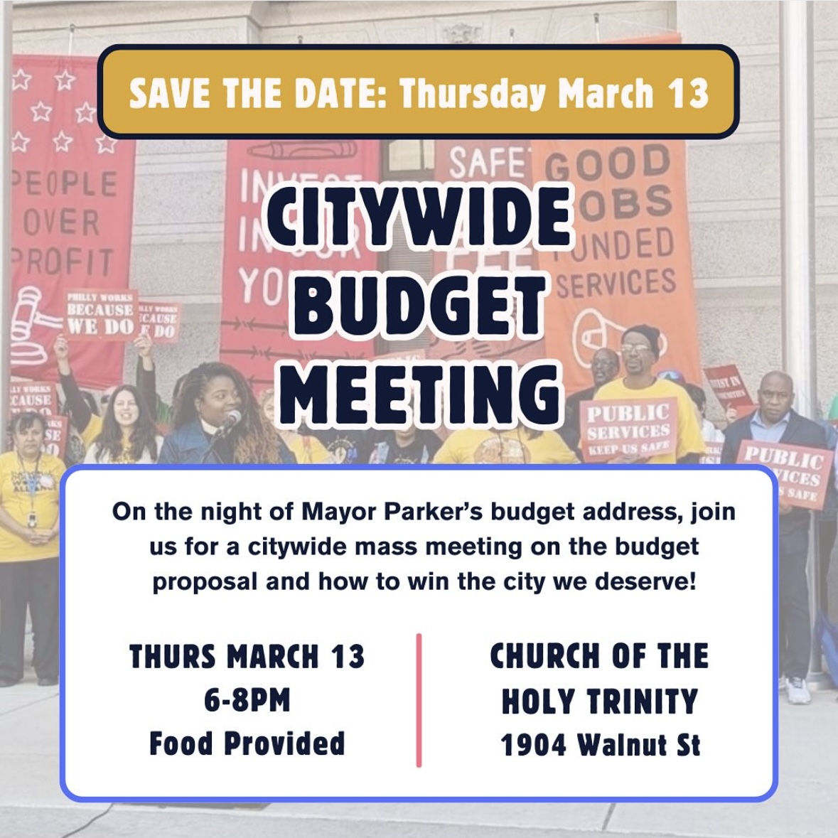 AmistadPower's tweet image. Philly needs a People’s Budget! On March 13th from 6-8pm, on the night of Mayor Parker’s budget address, join us for a citywide mass meeting on the budget proposal and how to win the city we deserve. RSVP here: bit.ly/march13budget