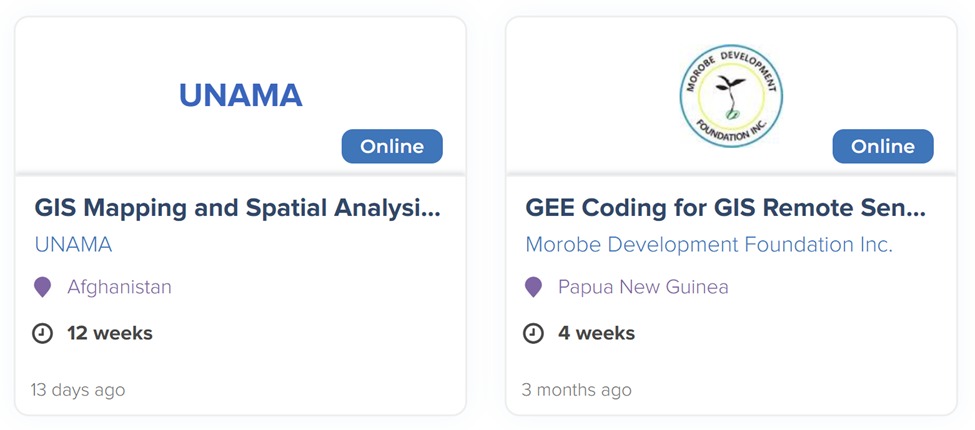 UNV online GIS Opportunities, 
GIS Mapping and Spatial Analysis Support to UN SIOC - app.unv.org/opportunities/… 
GEE Coding for GIS Remote Sensing for Shoreline Depletion Analysis - app.unv.org/opportunities/…