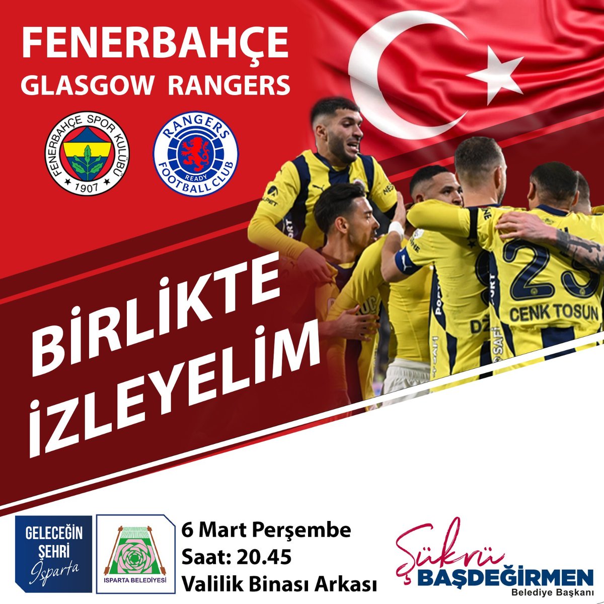 Isparta Belediyesi, Fenerbahçe'nin Rangers ile oynayacağı Avrupa Ligi maçı için kent merkezindeki meydana dev ekran kurulacağını duyurdu ve vatandaşlara maçı birlikte izleme çağrısı yaptı.