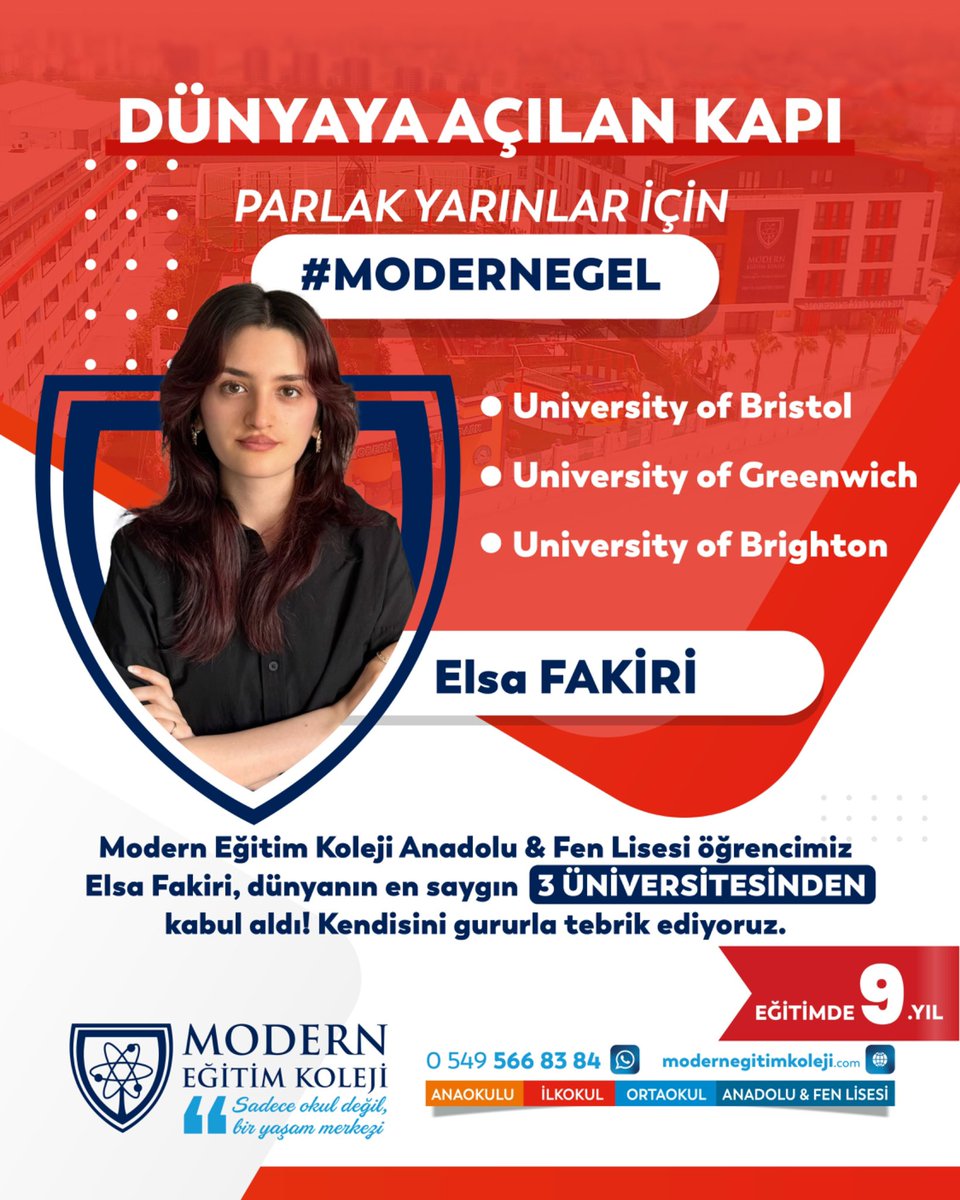 Modern Eğitim Koleji olarak öğrencimiz Elsa Fakiri’yi büyük başarısından dolayı tebrik ediyoruz! Dünyanın en prestijli üniversitelerinden University of Bristol, University of Greenwich ve University of Brighton’dan kabul aldı.