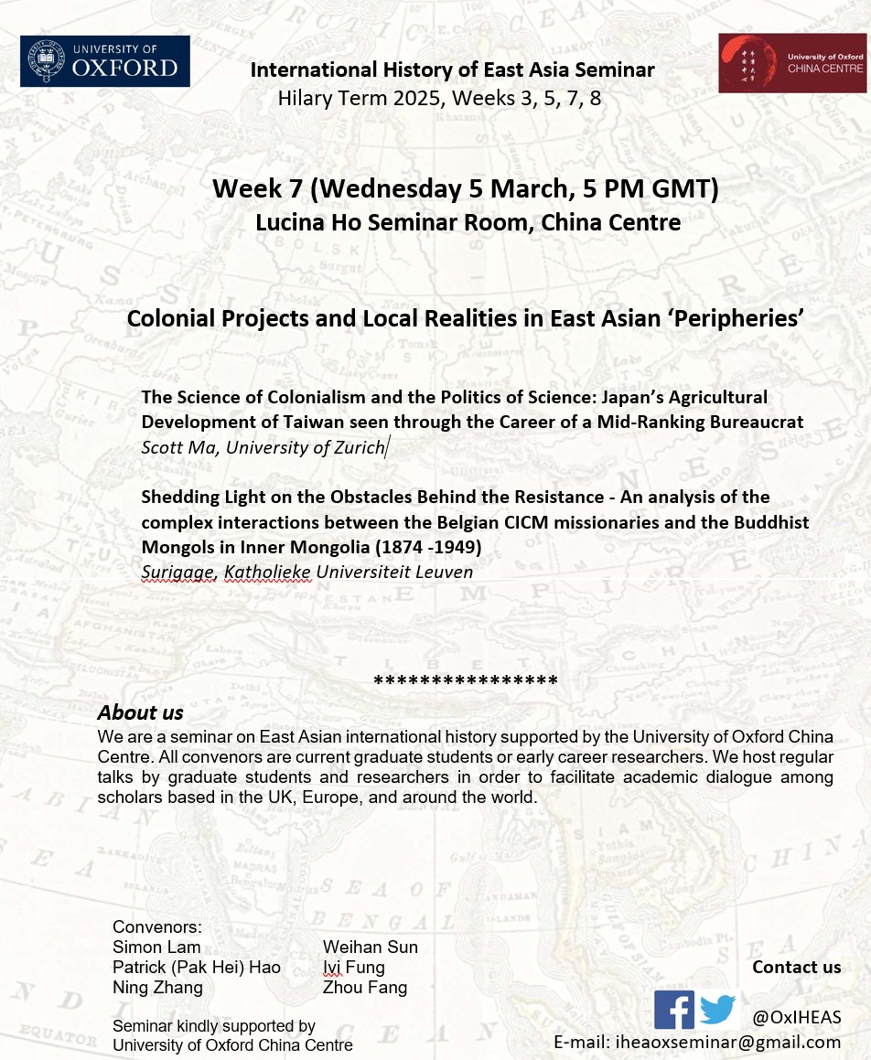 Do join us at the Lucina Ho Seminar Room at the Oxford China Centre for our Week 7 session on Wednesday (5 Mar) at 5pm GMT on Colonial Projects and Local Realities in East Asian 'Peripheries' - looking forward to this session!