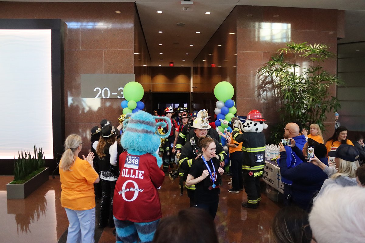Early last Saturday, Ollie joined the Fight for Air Climb for the 3rd year in a row! 🏅👟 The energy at Milwaukee’s 411 E. Wisconsin Center was electric, with the Milwaukee Fire Dept. &amp; Admirals bringing the hype. Can’t wait for next year! 💨💦 #FightForAirClimb #ClimbYourWay