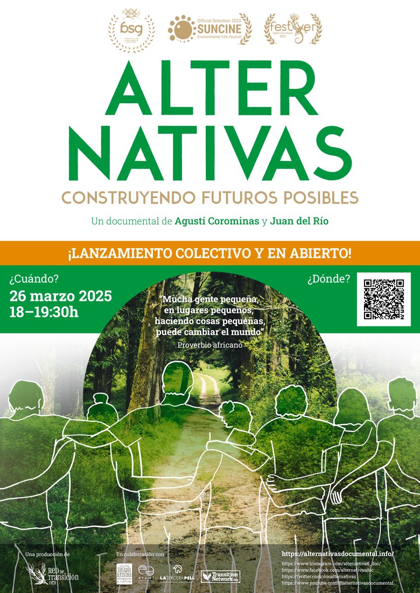 🎉 ¡AlterNativas llega en abierto! 🎉

Tras  dos años de recorrido, lanzamos el documental en abierto. ¡Ven a  celebrarlo junto a las iniciativas que lo hicieron posible!

👉 Regístrate aquí: eventbrite.es/e/entradas-lan…

👉 Más info: alternativasdocumental.info