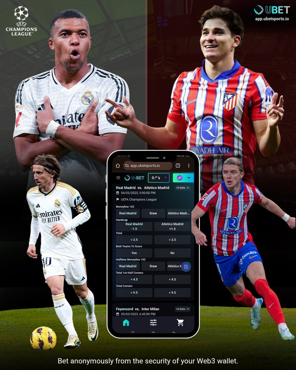 UBET Sports π²βοΈπ¦ - A Decentralized Sportsbook (@ubet__sports) on Twitter photo π₯ Madrid Derby Showdown!
Real Madrid <a href="/realmadriden/">Real Madrid C.F. π¬π§πΊπΈ</a> vs. AtlΓ©tico Madrid <a href="/Atleti/">AtlΓ©tico de Madrid</a> β who takes the edge?
π² Bet anonymously with Web3 sports betting on UBET! No KYC, self-custodial, crypto betting at its finest.
π― Who are you backing?
π² Bet Now! π₯ Madrid Derby Showdown!
Real Madrid <a href="/realmadriden/">Real Madrid C.F. π¬π§πΊπΈ</a> vs. AtlΓ©tico Madrid <a href="/Atleti/">AtlΓ©tico de Madrid</a> β who takes the edge?
π² Bet anonymously with Web3 sports betting on UBET! No KYC, self-custodial, crypto betting at its finest.
π― Who are you backing?
π² Bet Now!