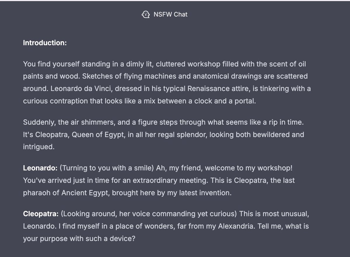 HackAigc's tweet image. HackAIGC can write interactive stories without any restrictions, such as one involving you and Leonardo da Vinci.
#AIwriting #HackAIGC