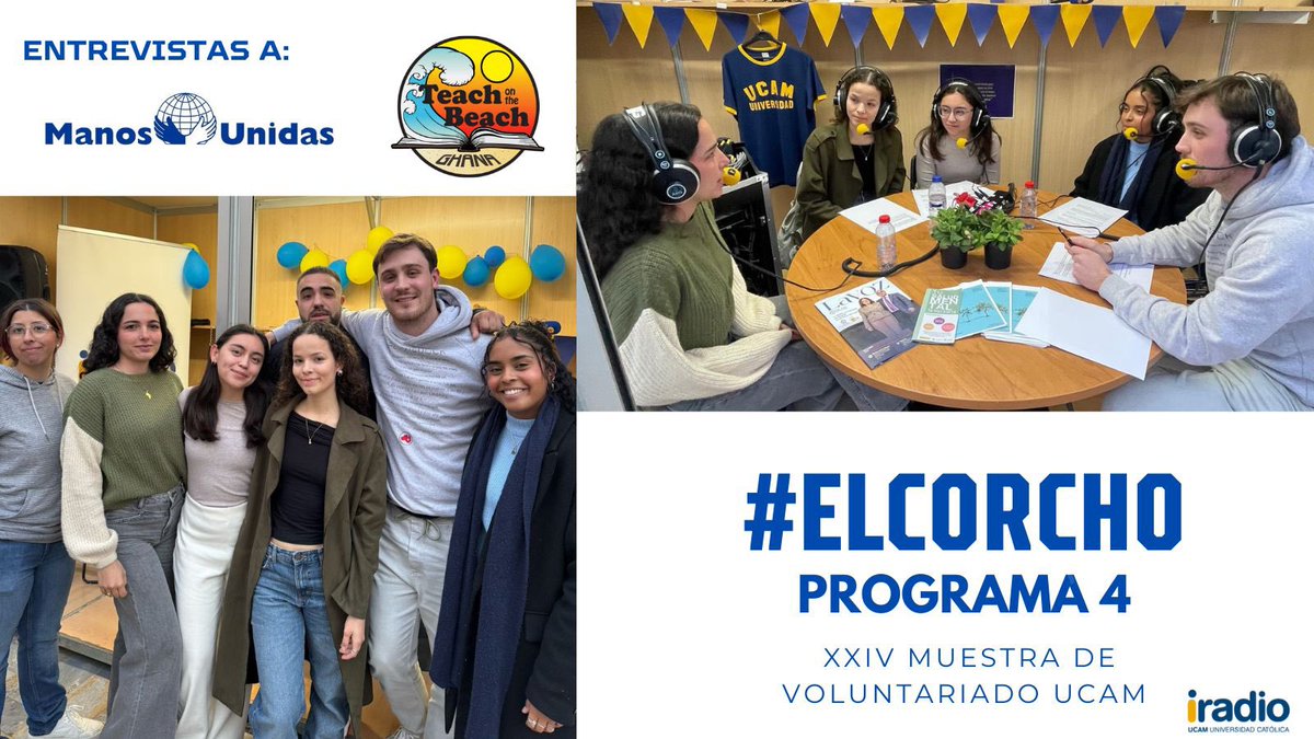 UCAMeros, #ElCorcho se va de voluntariado! 🎧 

Desde la XXIV Muestra Internacional de Voluntariado UCAM:

🌐Entrevistamos a Pepe Blanco, de <a href="/ManosUnidasONGD/">Manos Unidas ONGD</a>, y a Carmen Duarte, estudiante <a href="/UCAM/">UCAM Universidad</a> que hizo su voluntariado en Ghana. 🇬🇭

¡Dale al play! 📢

➡️ iradio.ucam.edu/programas/el-c…